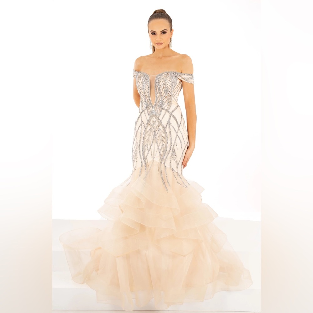 To The Nines Mermaid Off-Shoulder Silver Champagne Prom Dress Evening Gown